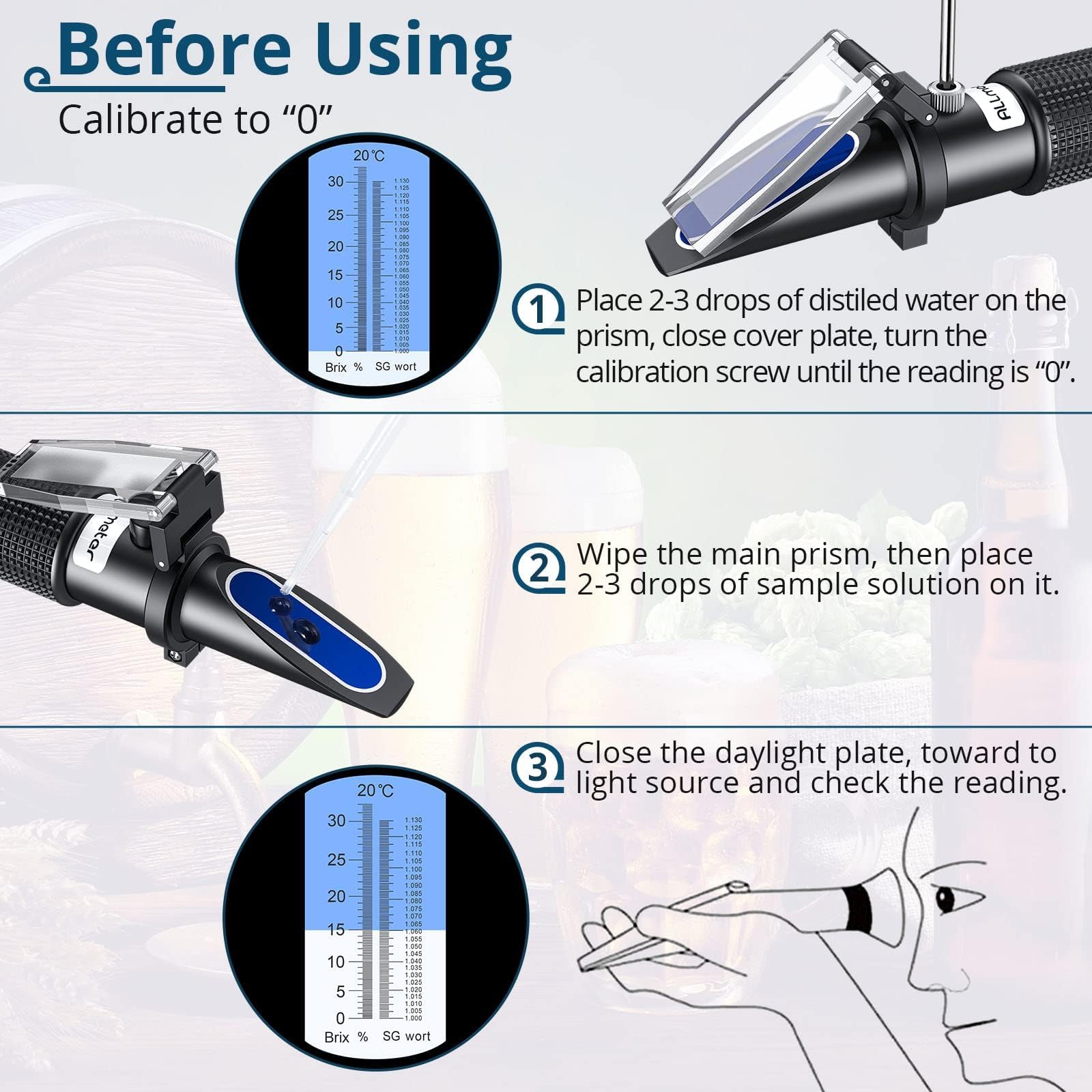 ALLmeter Brix Refractometer with ATC Dual Scale Specific Gravity 1.000-1.130 and Brix 0-32% Digital Handheld Homebrewing Tool for Beer and Wine Makers Homebrew Brix Meter Fruit Sugar Content