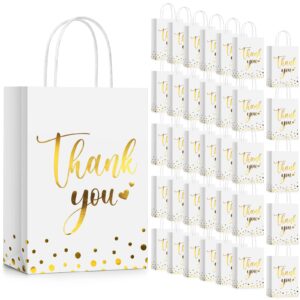 tinlade 100 pcs thank you gift bags bulk paper gold thank you wedding bags with handle for business, shopping, wedding, baby shower, party favors (white)