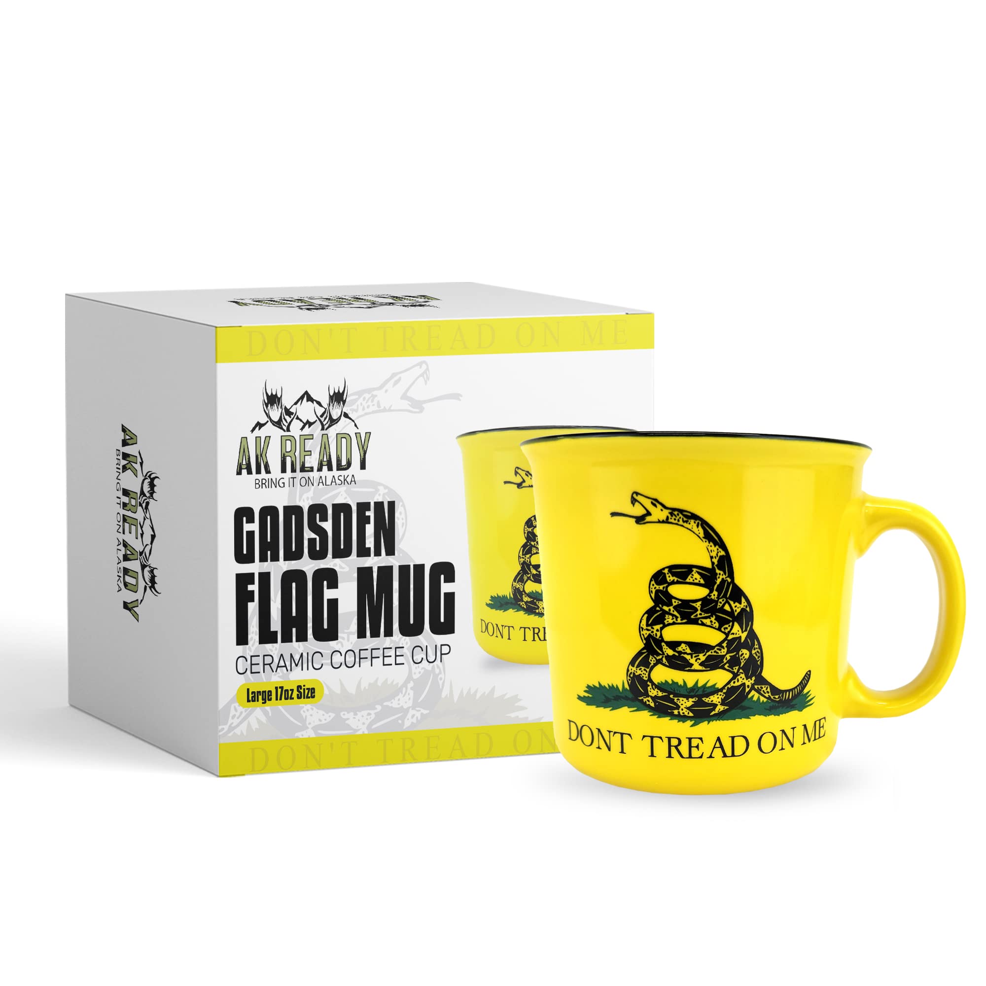 AK Ready Gadsden Flag DONT TREAD ON ME Ceramic Coffee Cup Mug Large 17 oz size Coffee, Latte, Tea, Water Patriotic