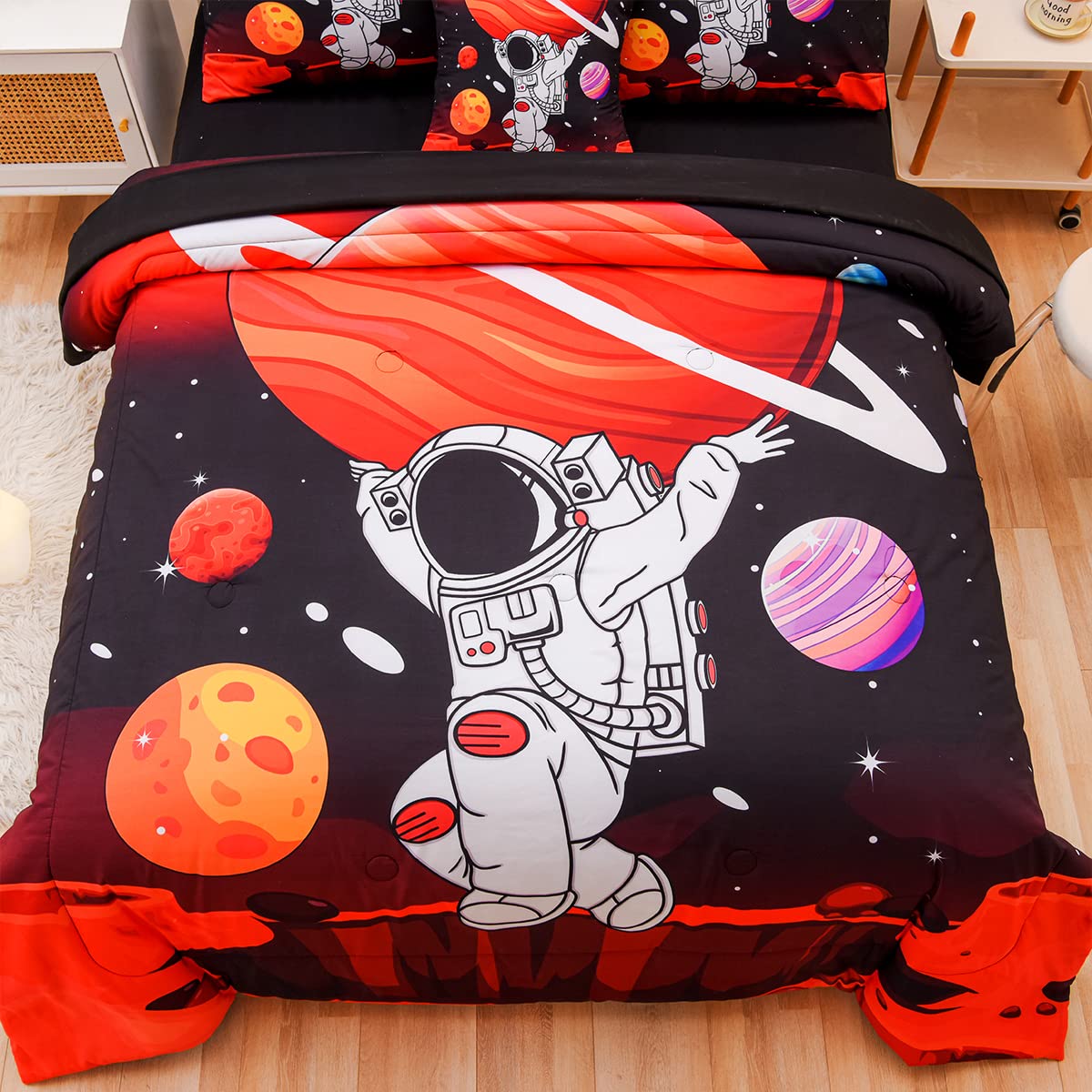 Tasselily Full Size Comforter Sets for Boys, Astronaut Outer Space Bedding Set Full Bed in a Bag, 6 Pcs Comforter Set with Sheets