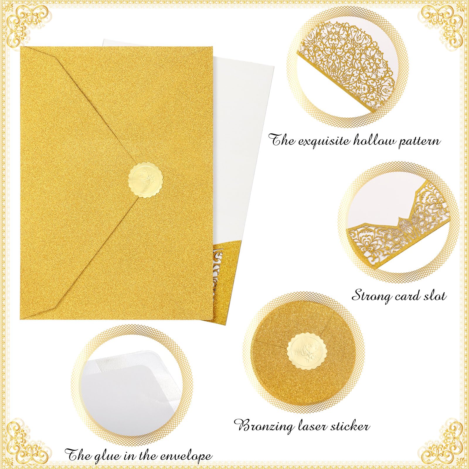 100 Set 5 x 7 Laser Cut Wedding Invitations with Envelopes and Wax Seal Stickers Pocket Wedding Invitation Cards Blank Invitation Kit for Wedding Bridal Shower Engagement Invite (Gold)