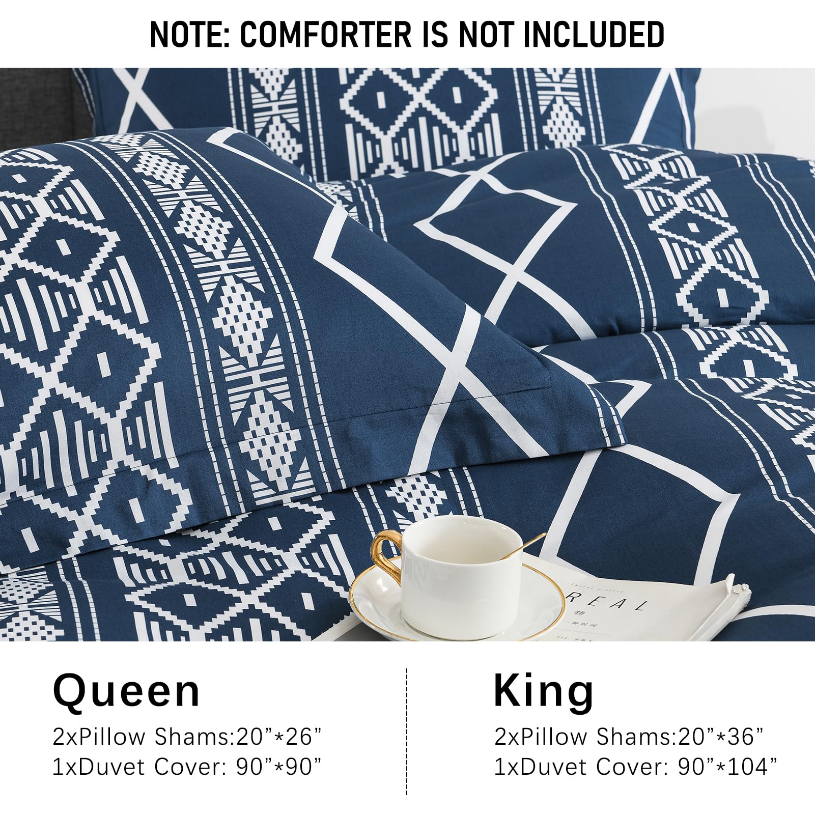 Navy Blue Duvet Cover King - 100% Cotton Duvet Cover King Size, 3 Pieces Aztec Geometric Duvet Cover Set, Super Soft Farmhouse Bedding Duvet Covers for All Season, 104"x90", No Comforter