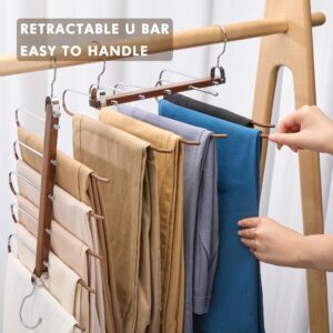 HOUSE DAY Pants Hangers Space Saving, Wood Jean Hangers for Closet, Non Slip Multi functional Pants Rack Hanger Multiuse Pant Organizer For Closet Space Saving Hangers for Pants, Scarfs (2PACK,Walnut)