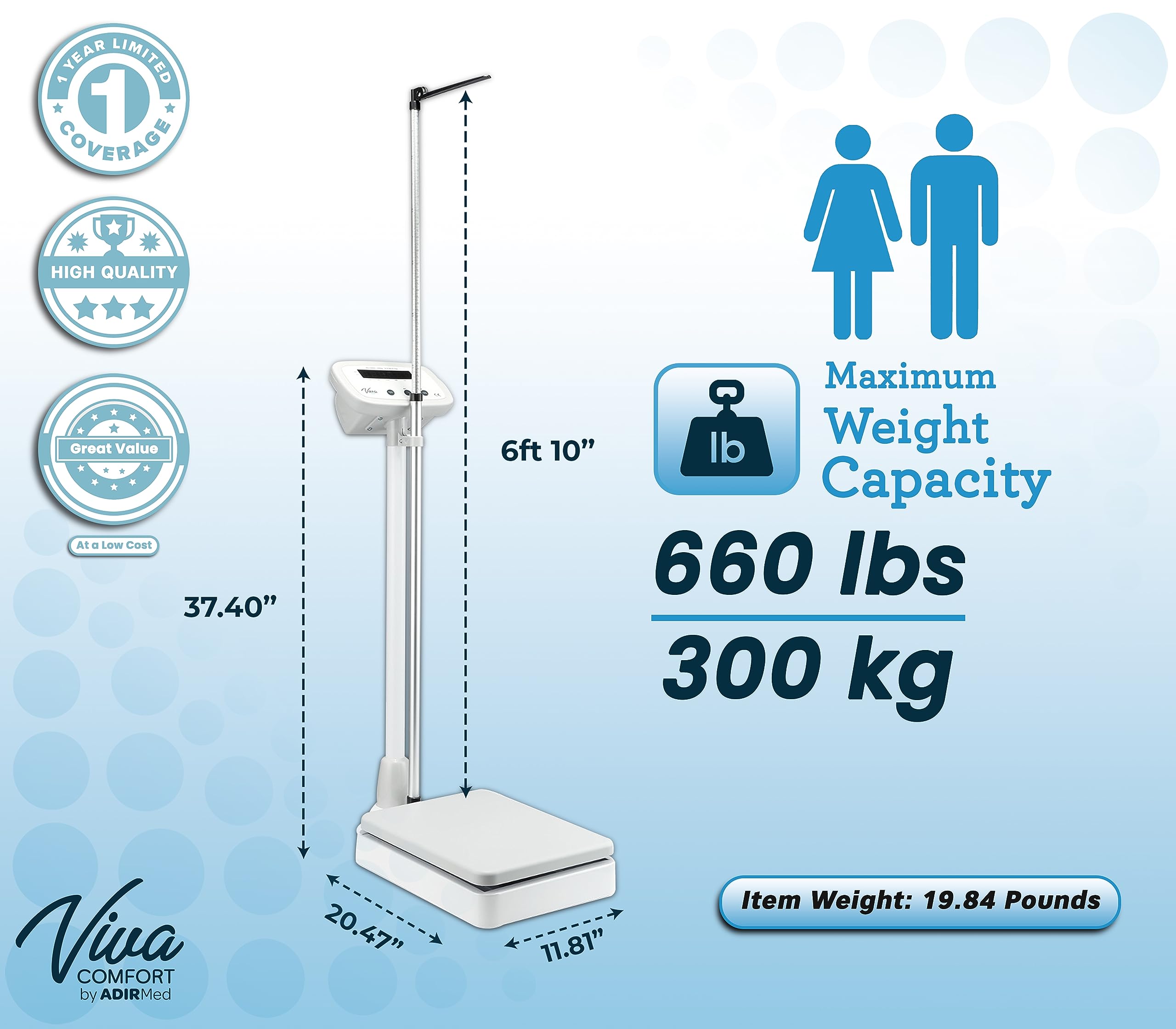 AdirMed Digital Physician Scale with Mechanical Height Rod - Eye-Level Measuring Station for Body Weight, Height & BMI - Ideal for Gyms, Medical Facilities & Rehabilitation Centers