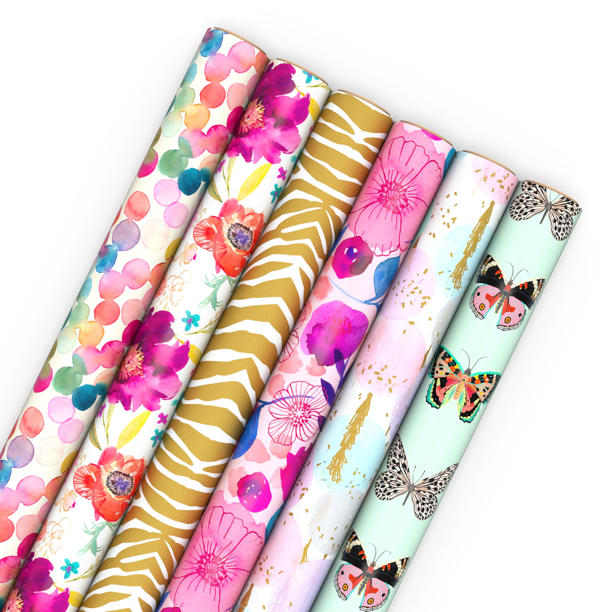 Hallmark Wrapping Paper Rolls for Birthday, Bridal Shower, Baby Shower, Gift Wrap Paper (Set of 6 Rolls: 180 sq. ft. ttl.) Butterflies, Gold Animal Print, Pink Flowers for All Occasions