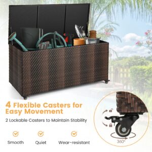 Giantex 96-Gallon Outdoor Storage Box - PE Wicker Deck Box with Lid, 4 Wheels, Waterproof Liner, outside Rattan Storage Container for Patio Cushions, Garden Tools Accessories Storage Box (Mix Brown)