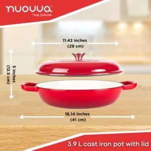 Cast Iron Dutch Oven with Lid – Non Stick Shallow Dutch Oven Pot, Oven Safe up to 500° F – Sturdy Cooking Pot – Enamelled Stockpot Cookware – Red, 3.7-Quart, 30cm – by Nuovva