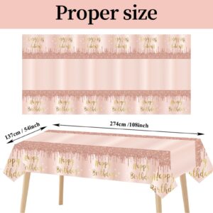 3 Pcs Pink Rose Gold Happy Birthday Tablecloth Decorations for Women, Happy Birthday Table Cover Party Supplies, 16th 21st 30th 40th 50th Birthday Plastic Disposable Rectangular Table Cloth Decor