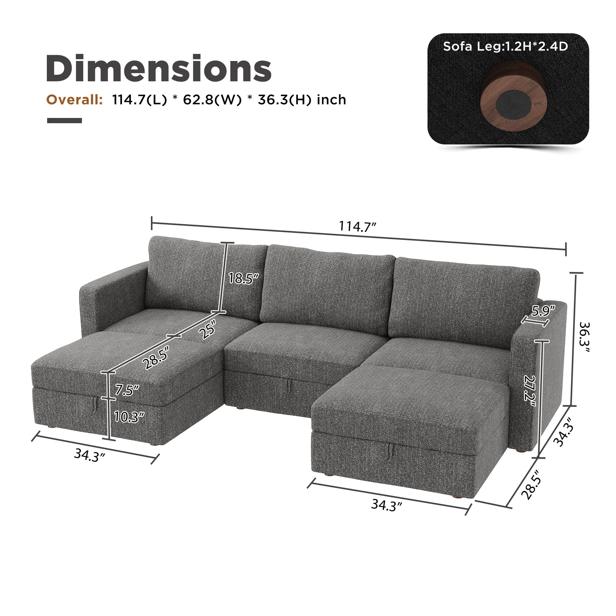 HONBAY Modular Sectional Sofa with Storage, U Shaped Convertable Sectional Couch with Wide Chaise, Deep Seat Modular Sectional Sofa with Ottoman, Dark Grey