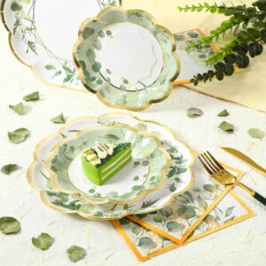 Tanlade 96 Pcs Sage Green Theme Party Supplies Plates and Napkins Serve 24, Disposable Eucalyptus Paper Plates Scalloped Dinner Plates 2 Ply Paper Napkins for Wedding Bridal Shower