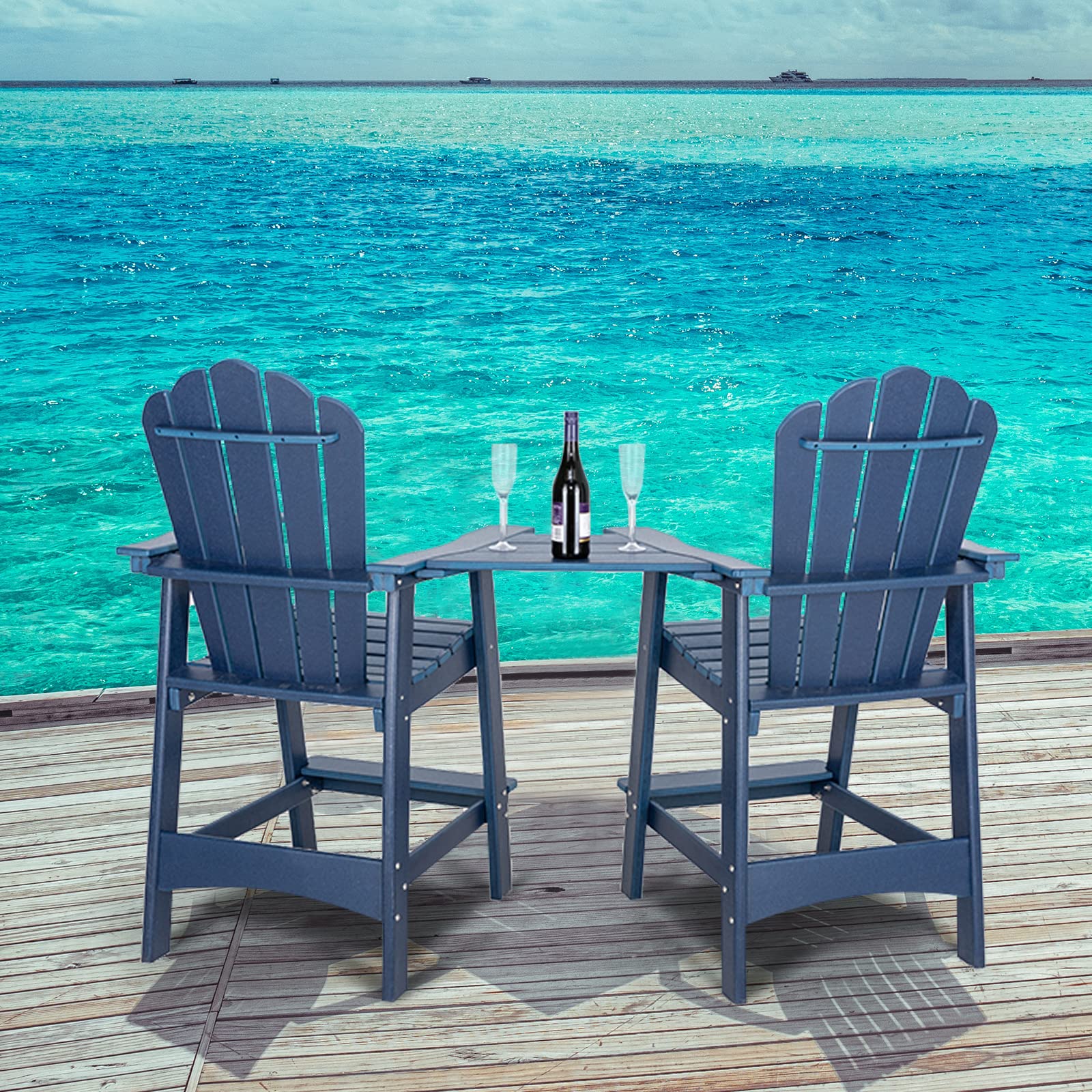 Anbuy Balcony Chair Tall Adirondack Chair Set of 2 Outdoor Adirondack Barstools with Connecting Tray - Patio Stools Weather Resistant for Deck Balcony Pool Backyard, Navy Blue