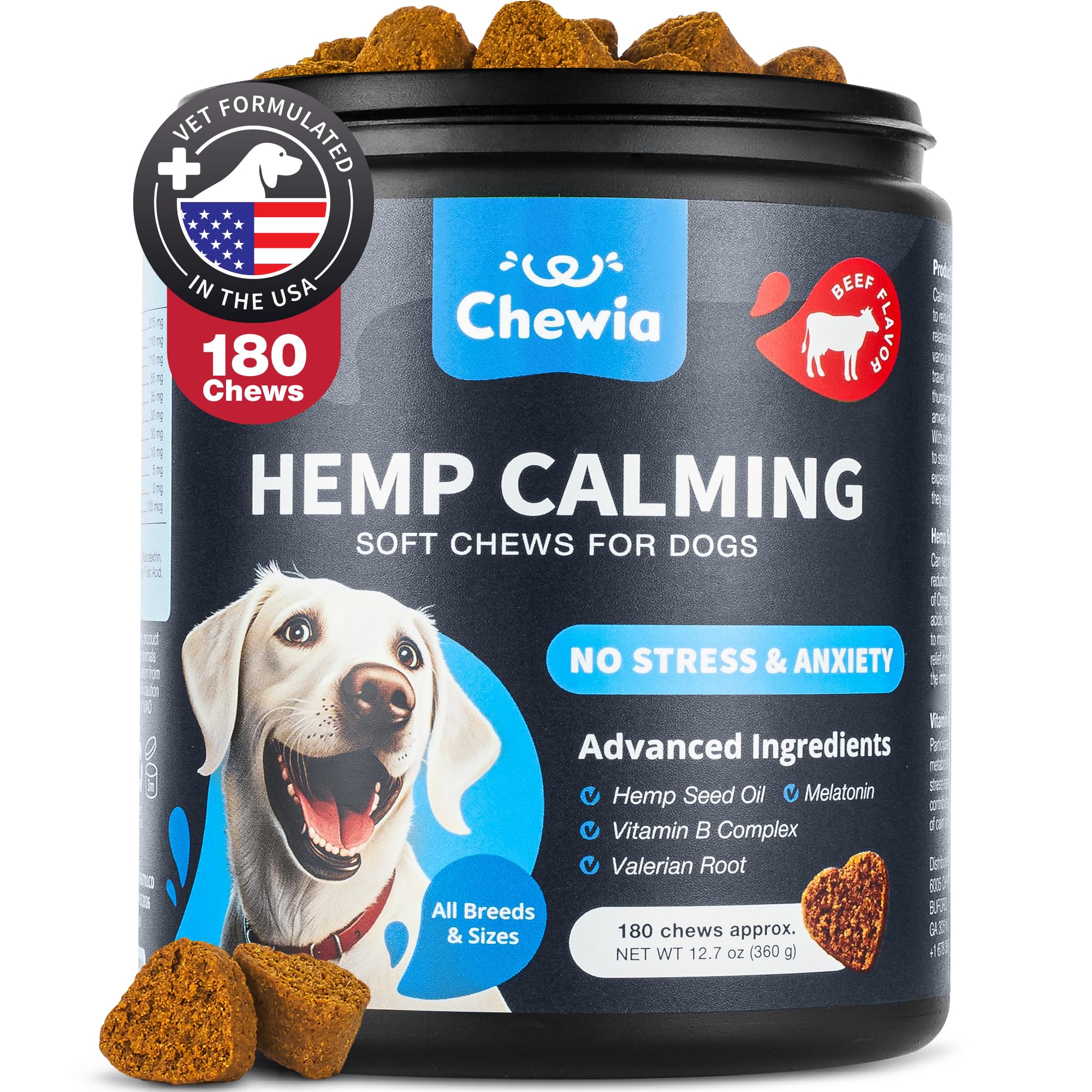 Hemp Calming Chews for Dogs - Dog Calming Treats - Anxiety Relief for Dogs with L-Theanine, Chamomile Extract, Valerian Root - Dog Anxiety Relief for Travel, Vet Visits, Thunderstorms, Nail Trimming