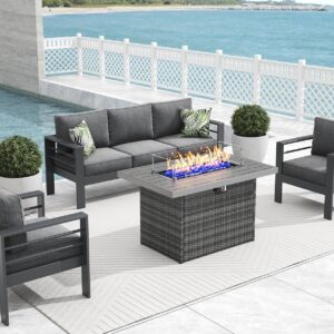 Vakollia 4 Pieces Modern Aluminum Patio Furniture Set with Fire Pit Table, Outdoor Conversation Sets Metal Sectional Sofa