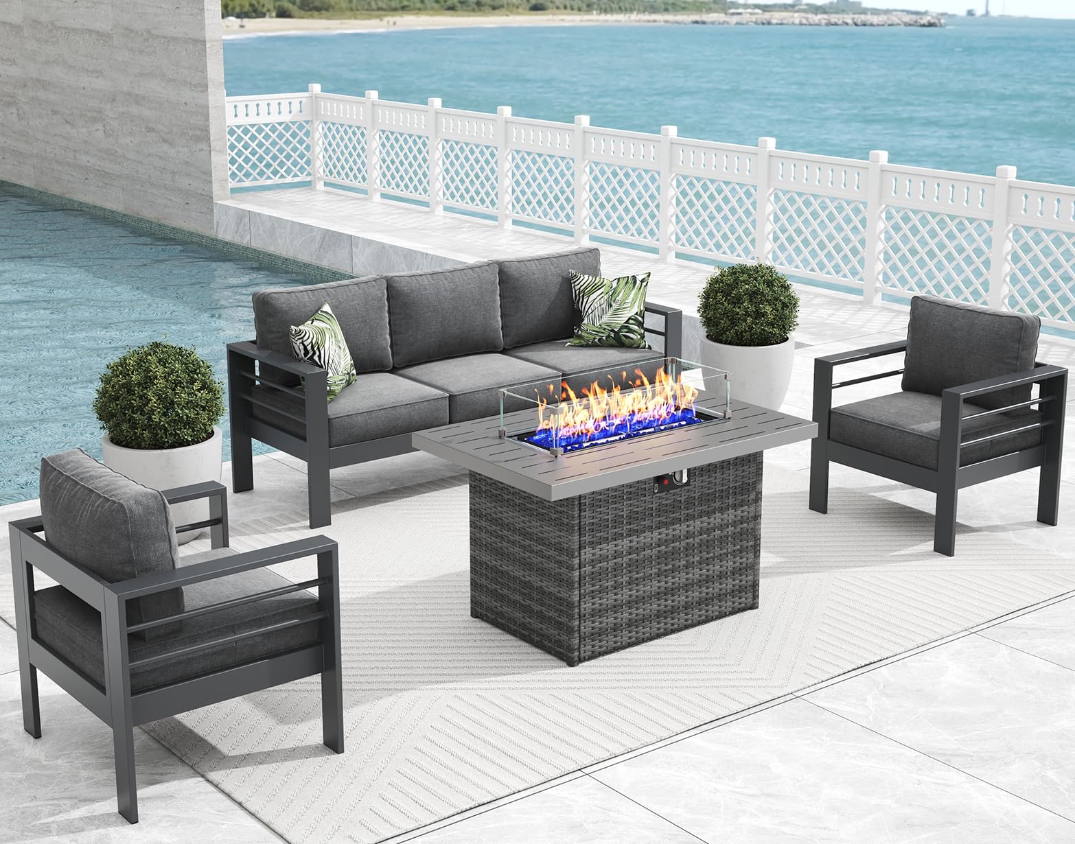 Vakollia 4 Pieces Modern Aluminum Patio Furniture Set with Fire Pit Table, Outdoor Conversation Sets Metal Sectional Sofa