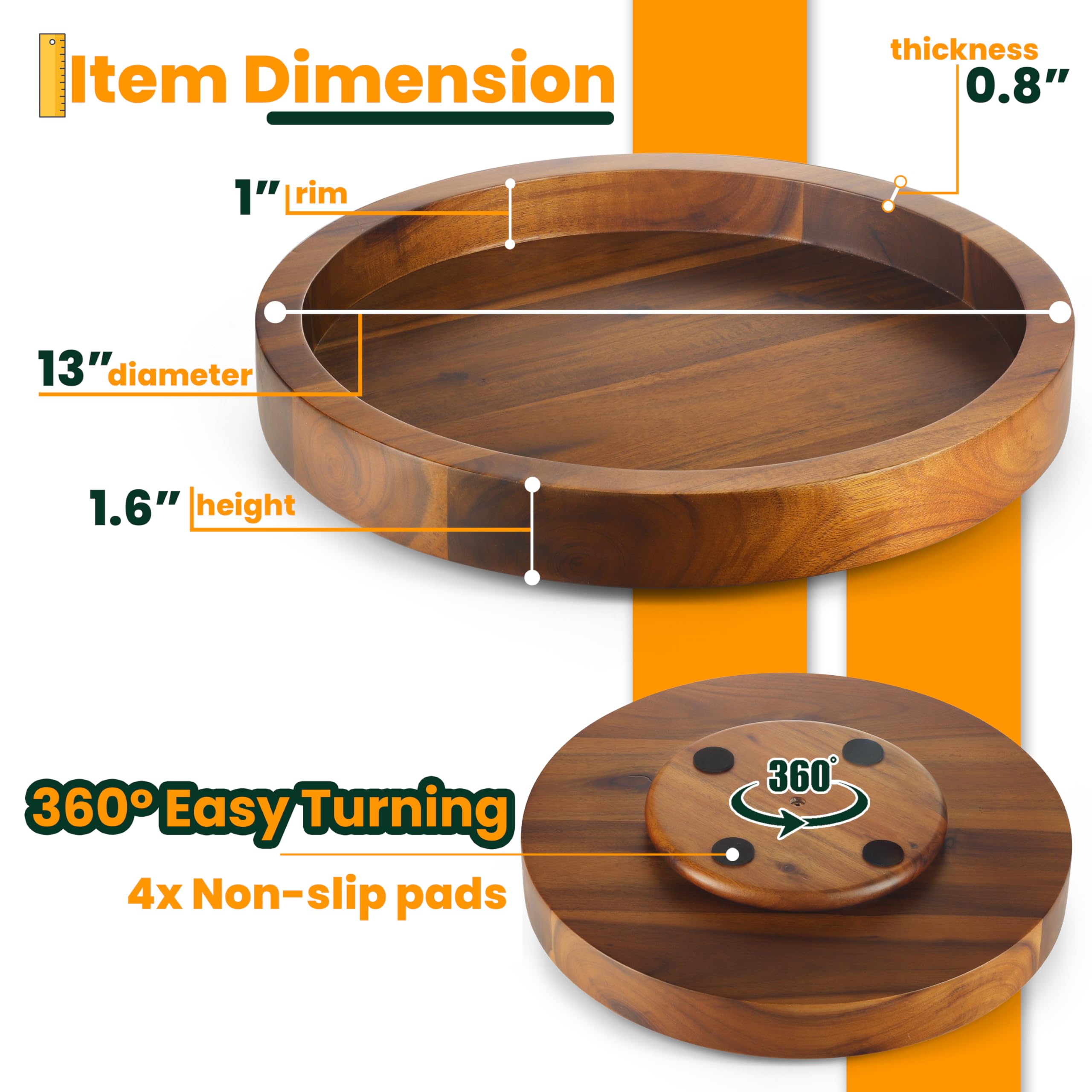 TIDTIA 13" Acacia Wood Lazy Susan Organizer for Cabinet - Round Lazy Susans Turntable for Countertop - Wooden Kitchen Rotating Storage Food Bin Container for Centerpiece Table, Spices, Pantry