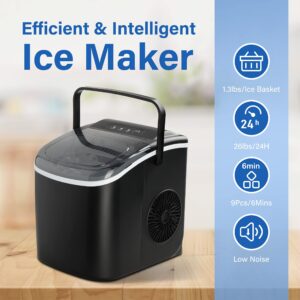 HealSmart Portable Ice Maker for Countertop, 6 Mins 9 Ice Cubes, 26lbs Ice/24H, Self-Cleaning, with Ice Spoon and Basket, for Home/Kitchen/Office/Camping/Party, Black