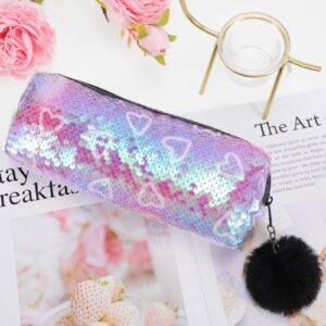 PHOGARY Sequin Preppy Pencil Case for Girls, Fluffy Zip Pull Pouch Bag Holographic Pen Case Sparkling School Stuff Shimmery Glitter Makeup Bag (Purple,Heart)