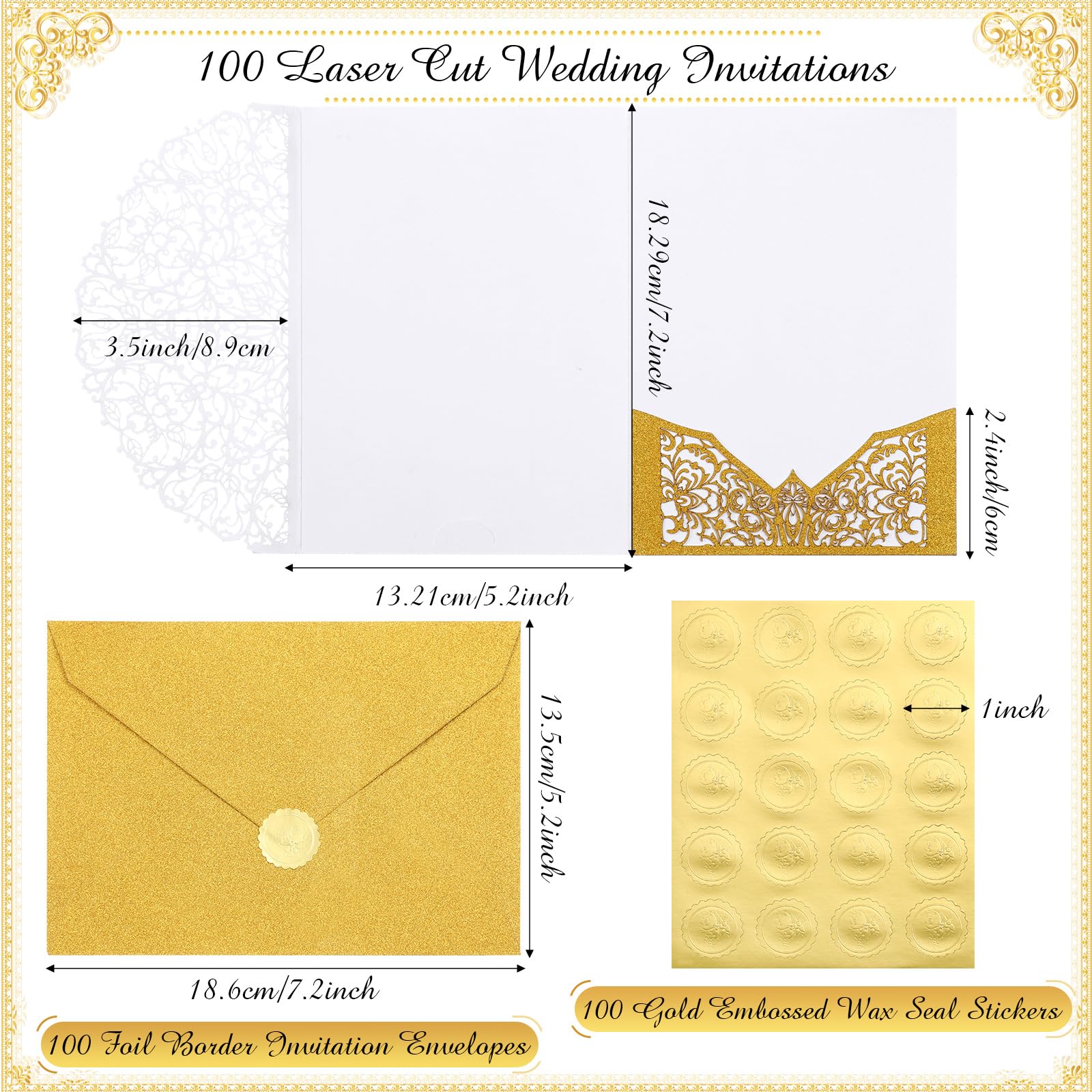 100 Set 5 x 7 Laser Cut Wedding Invitations with Envelopes and Wax Seal Stickers Pocket Wedding Invitation Cards Blank Invitation Kit for Wedding Bridal Shower Engagement Invite (Gold)