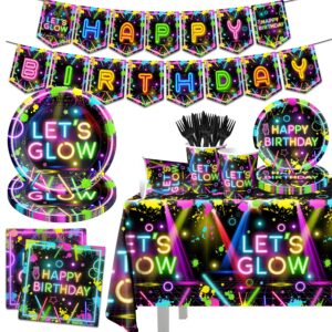 neon party supplies,142pcs let glow party decorations including disposable paper plates,cups,tablecloths, glow in the dark theme decoration for birthday baby shower party