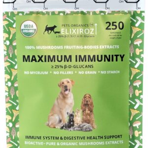 MAXIMUM IMMUNITY >25% β-glucan 100% Mushrooms Fruiting Body Extracts, Veterinarians formulation for Dogs & Cats Immune & Digestive Systems with Turkey tail & >35% β-glucan Reishi extracts.250 SERVINGS