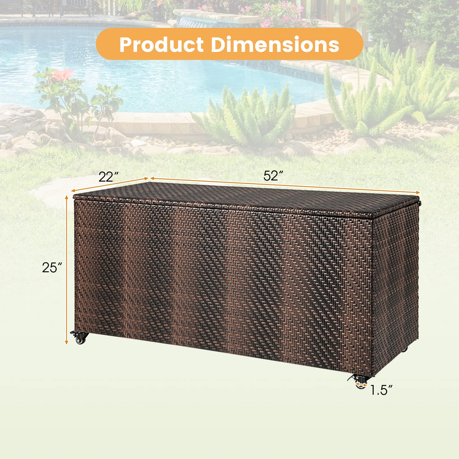 Giantex 96-Gallon Outdoor Storage Box - PE Wicker Deck Box with Lid, 4 Wheels, Waterproof Liner, outside Rattan Storage Container for Patio Cushions, Garden Tools Accessories Storage Box (Mix Brown)