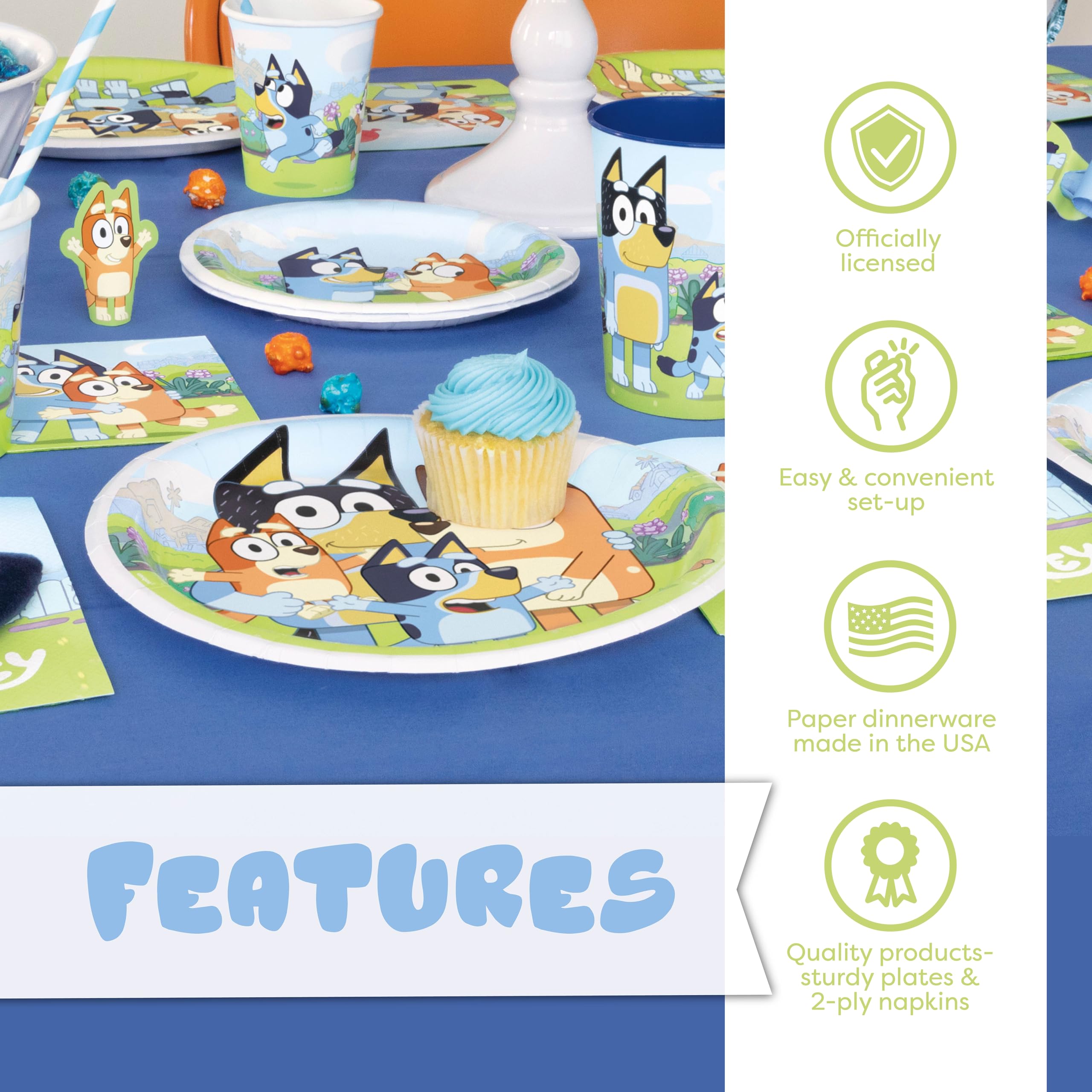 Unique Bluey Birthday Party Supplies | Serves 16 Guests | Bluey Party Supplies | Bluey Party Decorations | Banner, Table Cloth, Dinner & Cake Plates, Napkins, Sticker | Officially Licensed