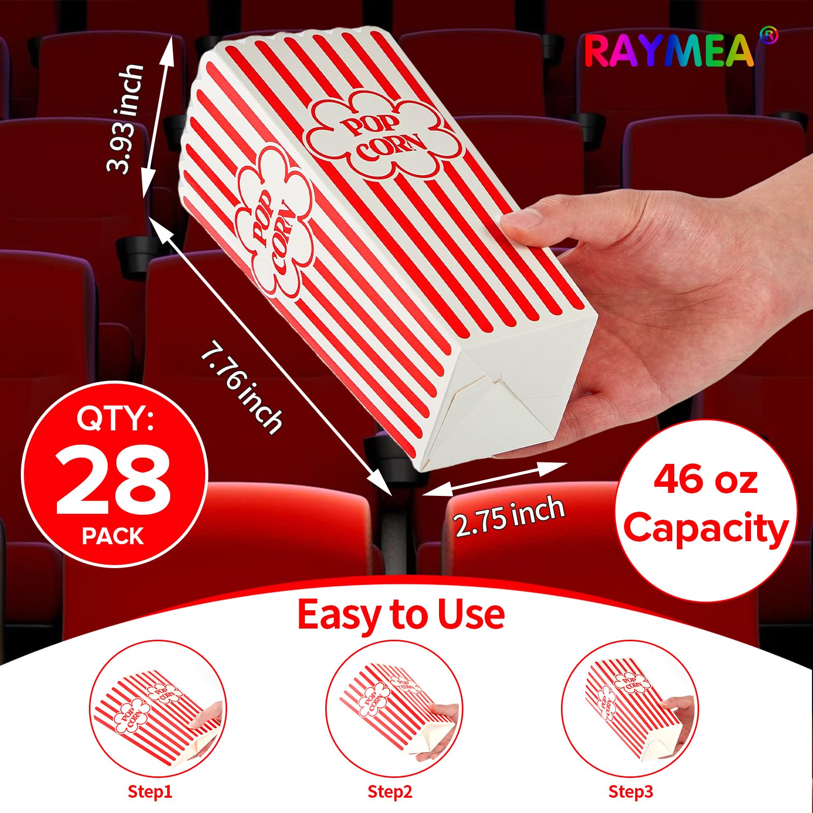 RAYMEA Popcorn Containers Disposable 46 Oz Red & White Striped 28 Pack Cardboard Popcorn Boxes for Movie Night