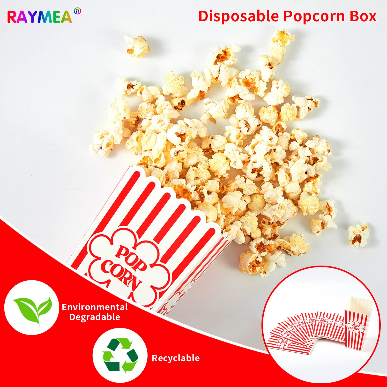 RAYMEA Popcorn Containers Disposable 46 Oz Red & White Striped 28 Pack Cardboard Popcorn Boxes for Movie Night