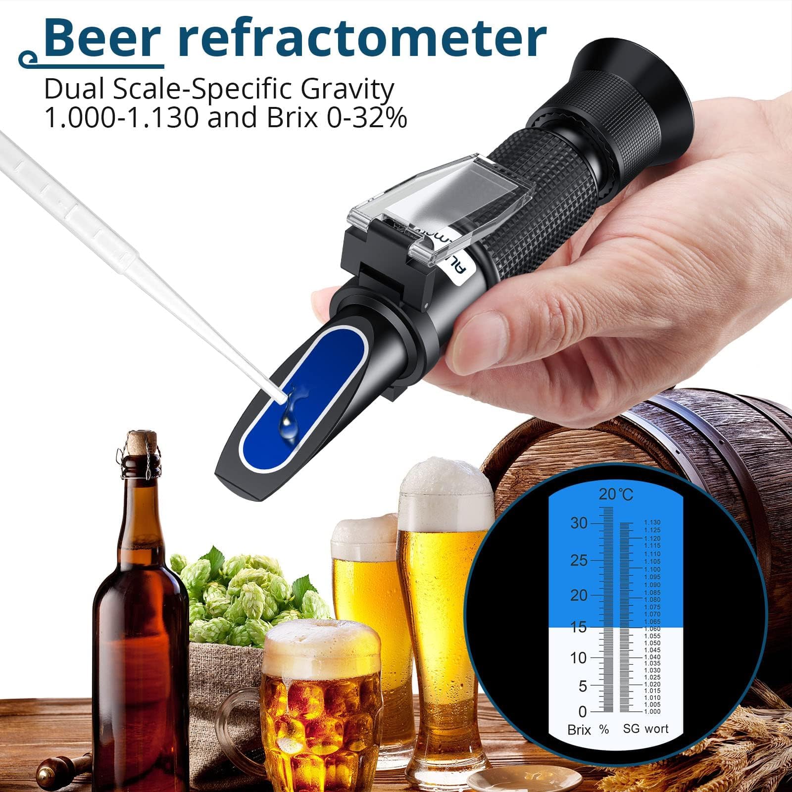 ALLmeter Brix Refractometer with ATC Dual Scale Specific Gravity 1.000-1.130 and Brix 0-32% Digital Handheld Homebrewing Tool for Beer and Wine Makers Homebrew Brix Meter Fruit Sugar Content