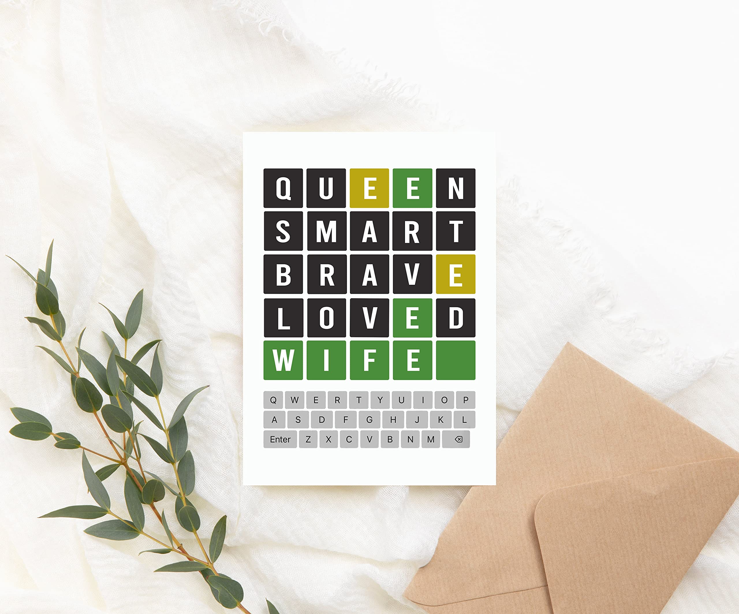 Wordle Wife Card - Mothers Day Wordle Card - Wife Card - Wordle Lover Card - Happy Birthday Wordle - Queen Smart Brave Loved - Word Game Card For Wife - Anniversary- Birthday Gift - Greeting Card