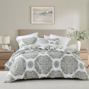 cozyqq cotton duvet cover queen - 100% cotton 400tc soft prewashed light green summer queen duvet cover set with zipper, 3 pcs floral damask paisley queen bedding set (90x90, no comforter)