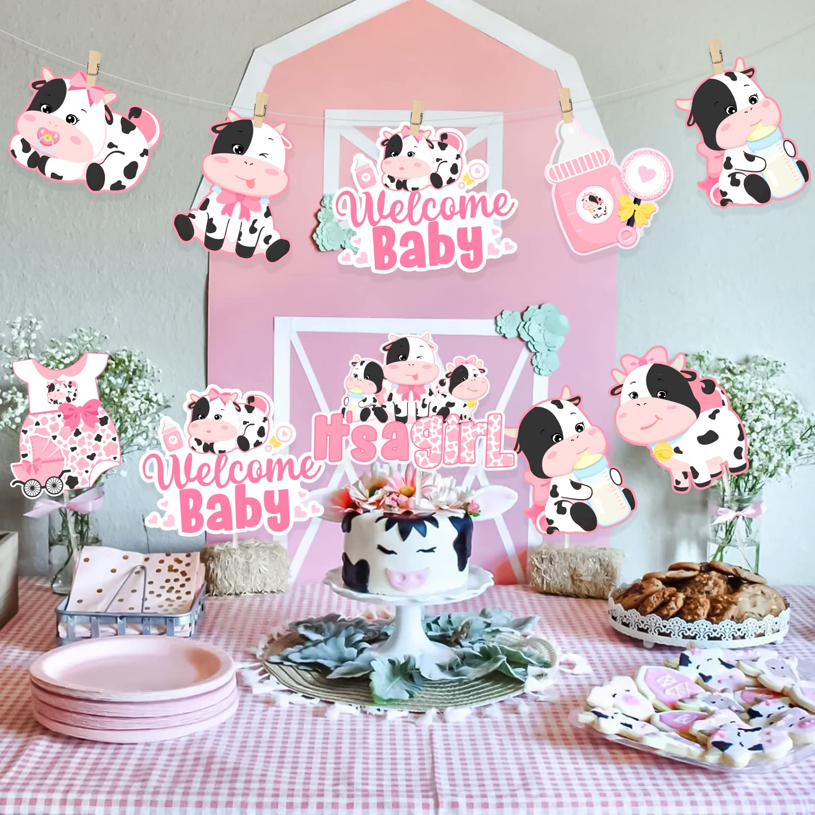 Cheereveal 24 Pieces Cow Centerpieces for Tables Baby Shower, Cow Theme Table Toppers, Cow Baby Shower Centerpieces Decorations Girl for Farm Animal Birthday Party Supplies