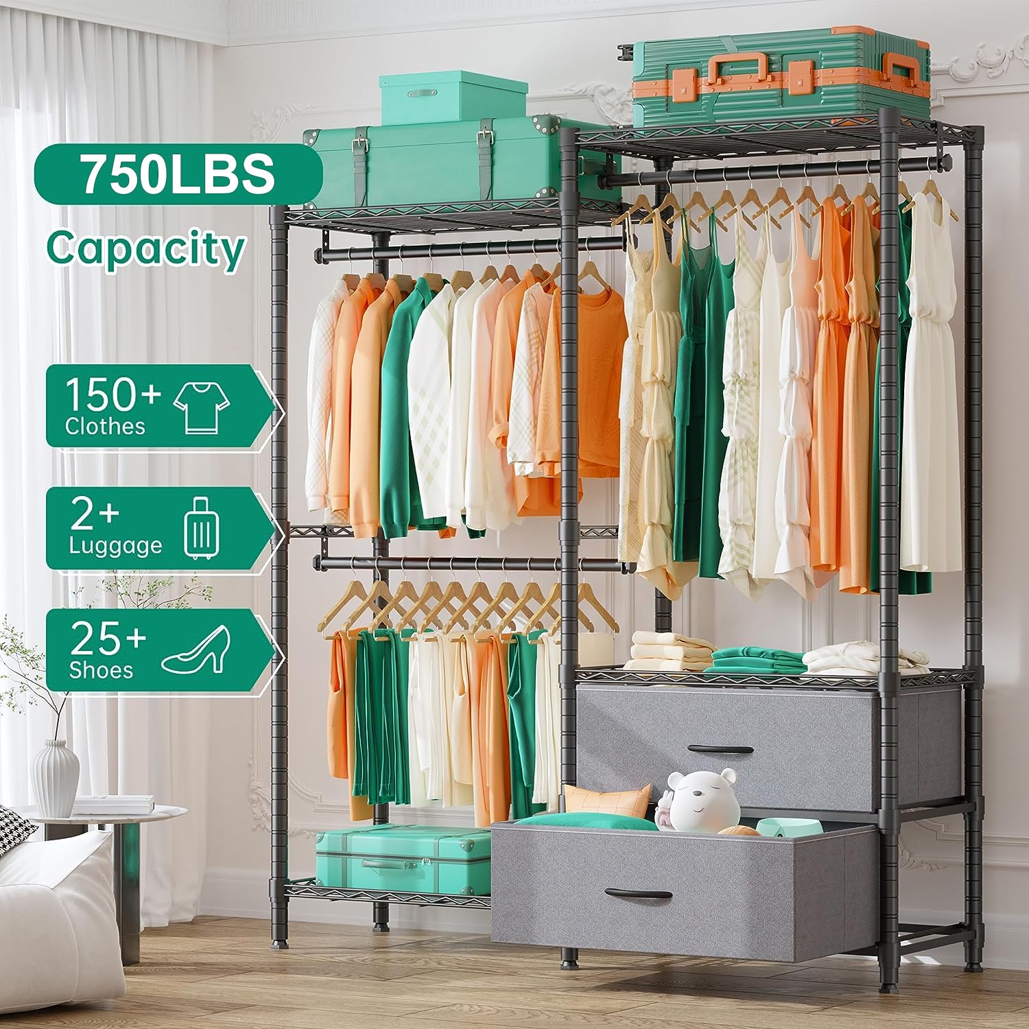 REIBII Garment Rack Clothing Rack for Hanging Clothes 150+ Load 650lbs Freestanding Wardrobe Closet with 2 Drawers, 3 Hanging Rods Clothes Rack for Extra Closet Space, 15.9" D x 46.5" W x 70.9" H