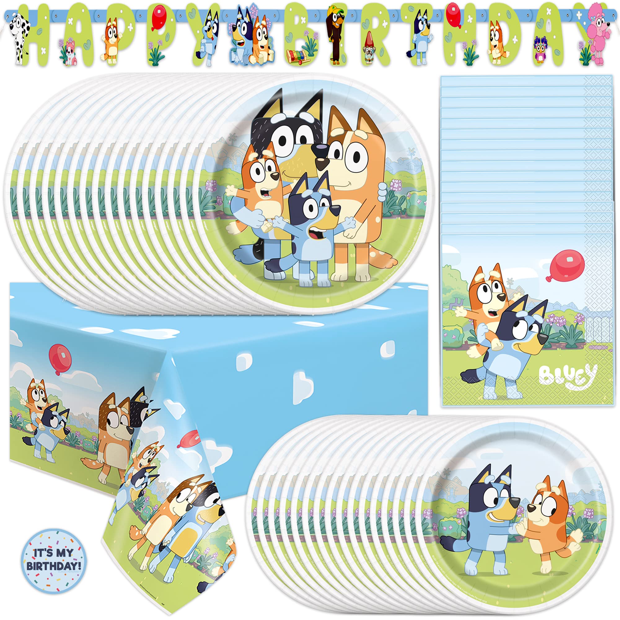 Unique Bluey Birthday Party Supplies | Serves 16 Guests | Bluey Party Supplies | Bluey Party Decorations | Banner, Table Cloth, Dinner & Cake Plates, Napkins, Sticker | Officially Licensed