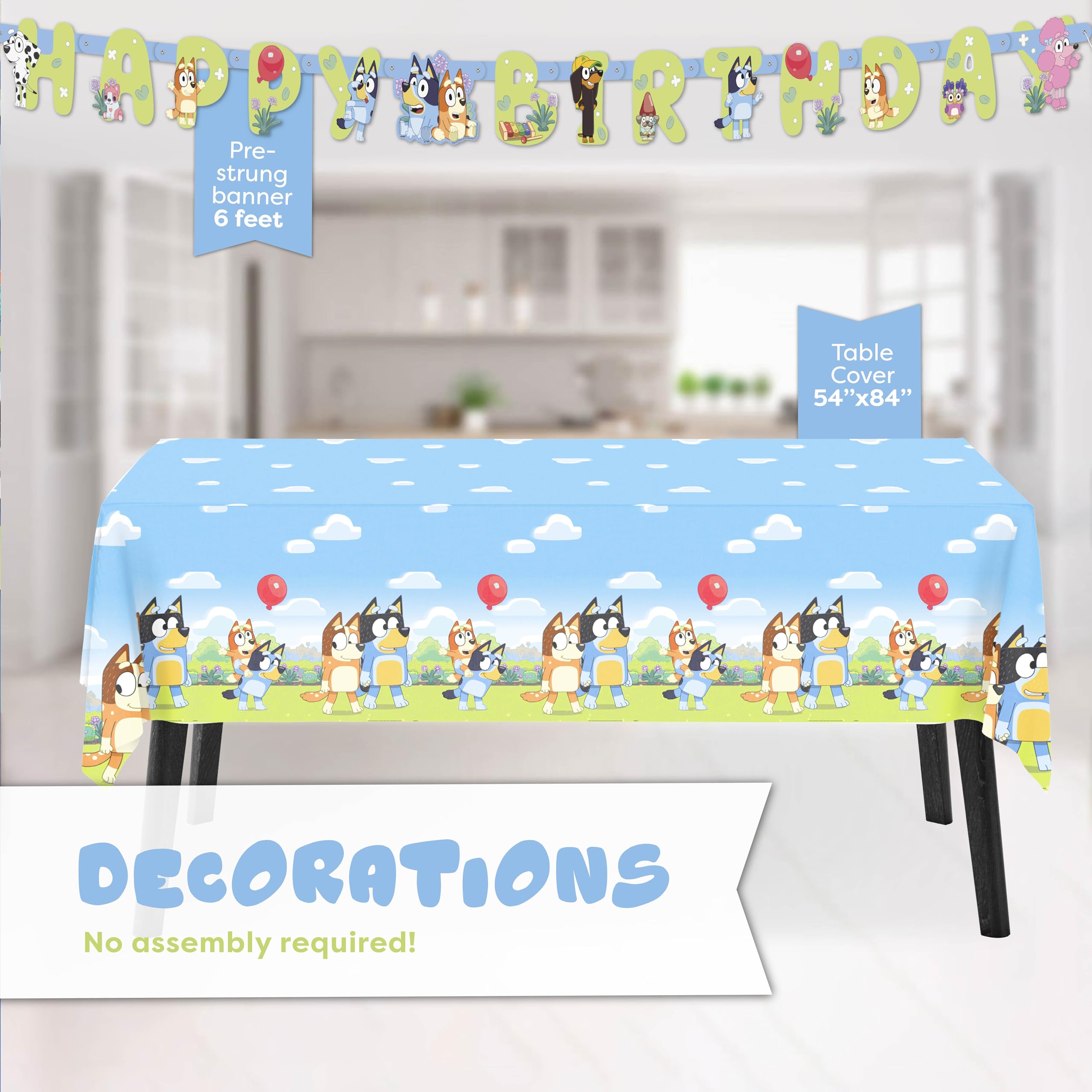 Unique Bluey Birthday Party Supplies | Serves 16 Guests | Bluey Party Supplies | Bluey Party Decorations | Banner, Table Cloth, Dinner & Cake Plates, Napkins, Sticker | Officially Licensed