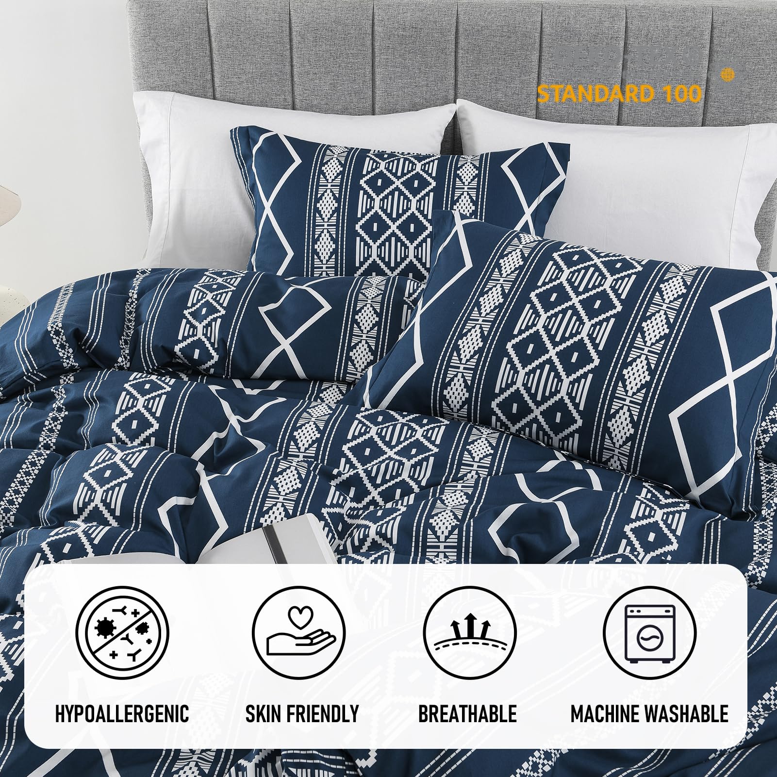 Navy Blue Duvet Cover King - 100% Cotton Duvet Cover King Size, 3 Pieces Aztec Geometric Duvet Cover Set, Super Soft Farmhouse Bedding Duvet Covers for All Season, 104"x90", No Comforter