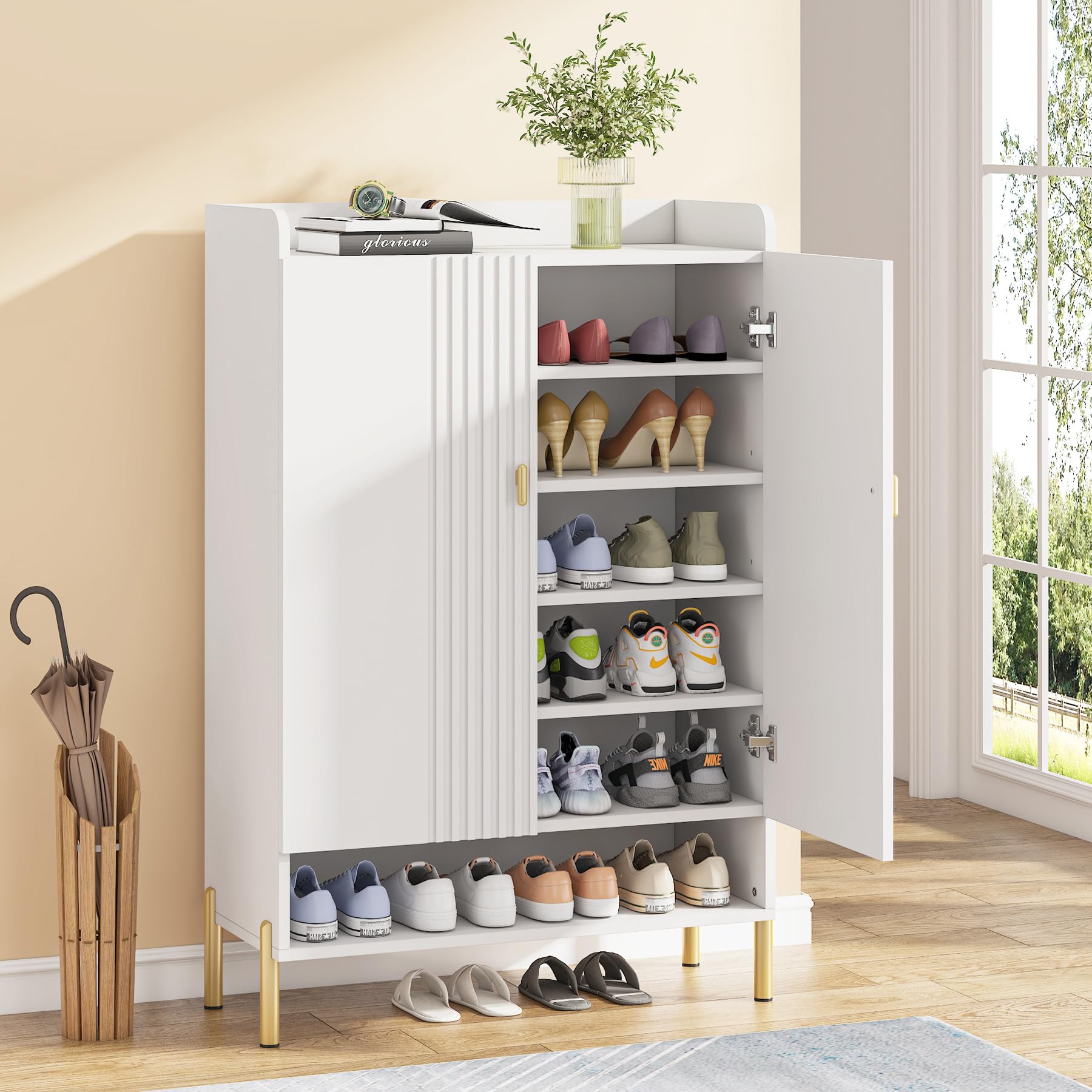 Tribesigns Shoe Cabinet Storage Entryway: Slim 6-Tier Shoe Organizer Cabinet with Adjustable Shelves, Freestanding Wood Shoe Rack with Doors for Entryway, Hallway, Living Room - White