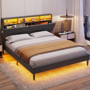 ADORNEVE Full Size Bed Frame with LED Lights and Storage Headboard, LED Bed Frame with Outlets and USB Ports, Upholstered Platform Bed with Hidden Storage, Easy Assembly, Dark Grey