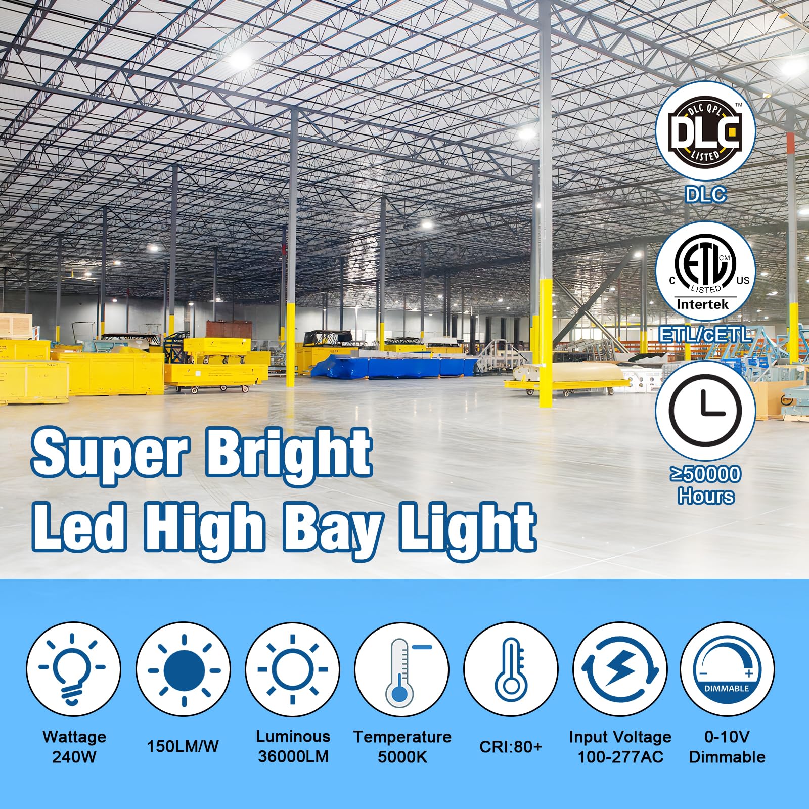 LED High Bay Light Super Bright Dimmable AC100-277V 240W 36000LM 5000K DLC/ETL Listed Lights 6ft with US Plug High Bay LED Light Warehouse Shop Barn Garage (4 Pack)