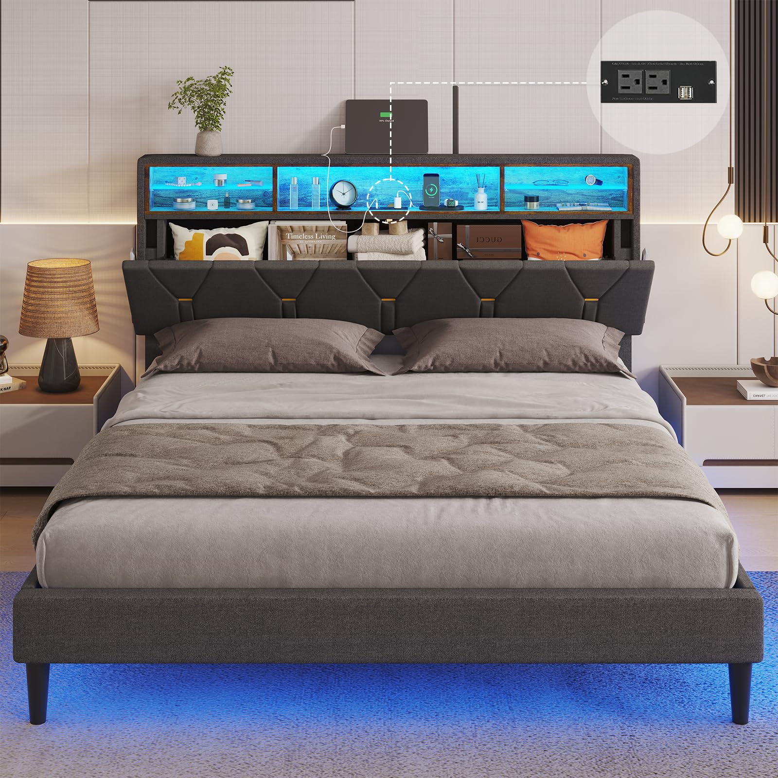 ADORNEVE Full Size Bed Frame with LED Lights and Storage Headboard, LED Bed Frame with Outlets and USB Ports, Upholstered Platform Bed with Hidden Storage, Easy Assembly, Dark Grey