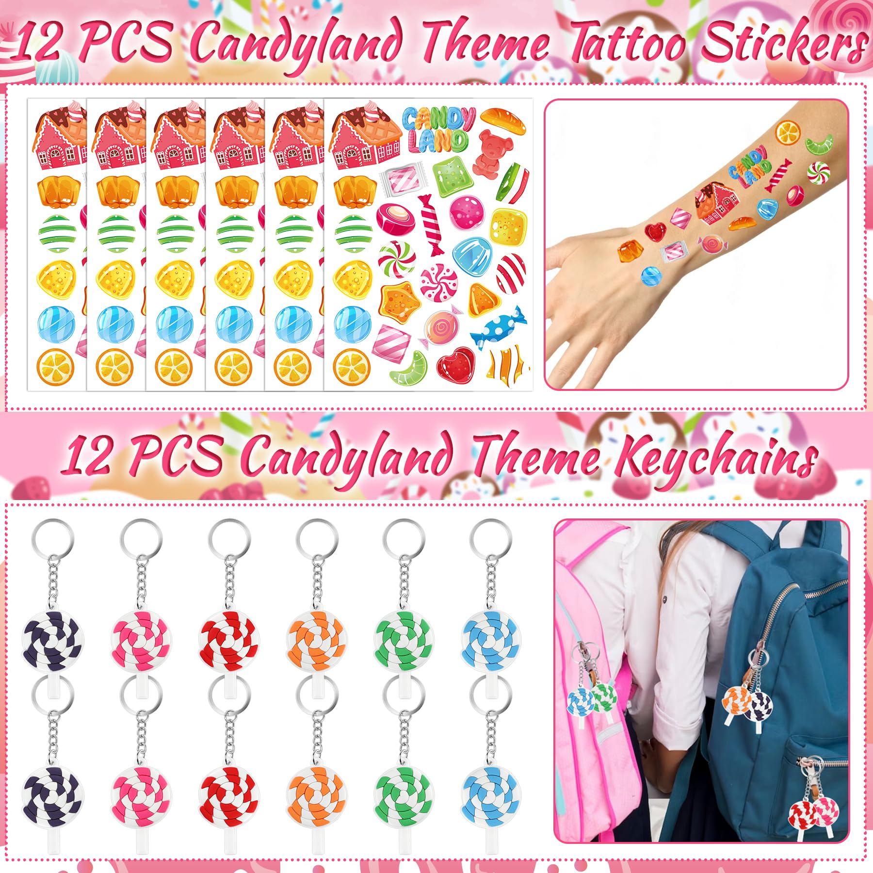 Erweicet Candyland Party Favors Sweet Lollipops Slap Bracelets DIY Stickers Temporary Tattoos Keychains Plastic Straws Gift Bags for Kids Girls Sweet Candy Theme Birthday Party Baby Shower