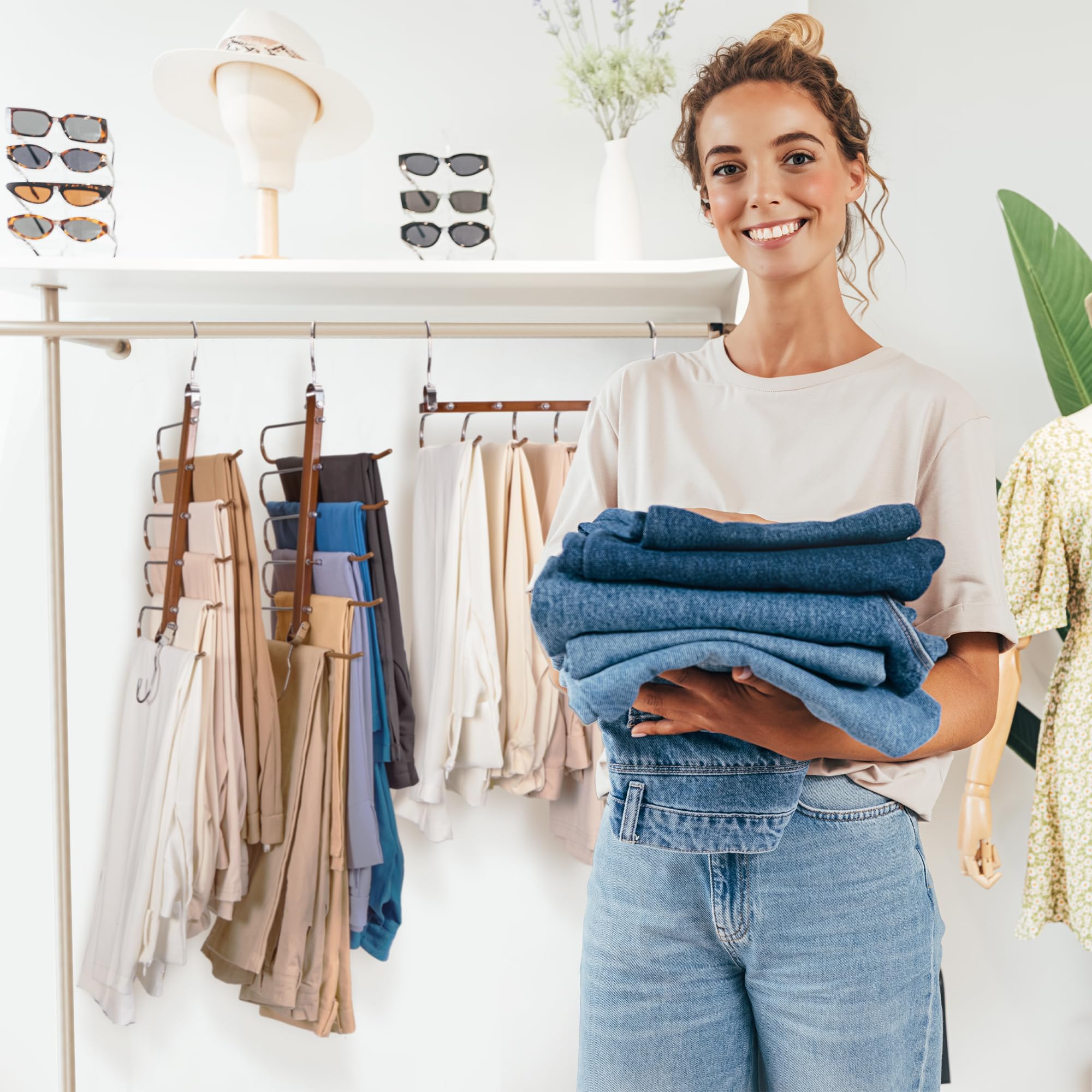 HOUSE DAY Pants Hangers Space Saving, Wood Jean Hangers for Closet, Non Slip Multi functional Pants Rack Hanger Multiuse Pant Organizer For Closet Space Saving Hangers for Pants, Scarfs (2PACK,Walnut)