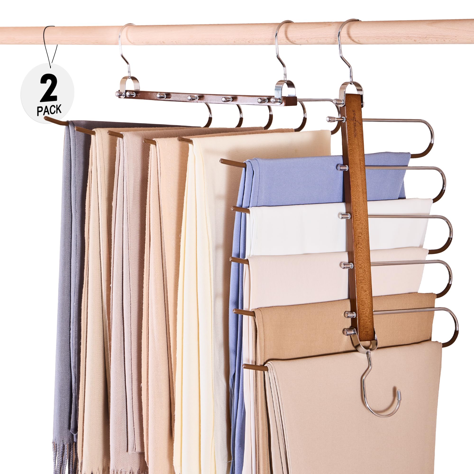 HOUSE DAY Pants Hangers Space Saving, Wood Jean Hangers for Closet, Non Slip Multi functional Pants Rack Hanger Multiuse Pant Organizer For Closet Space Saving Hangers for Pants, Scarfs (2PACK,Walnut)