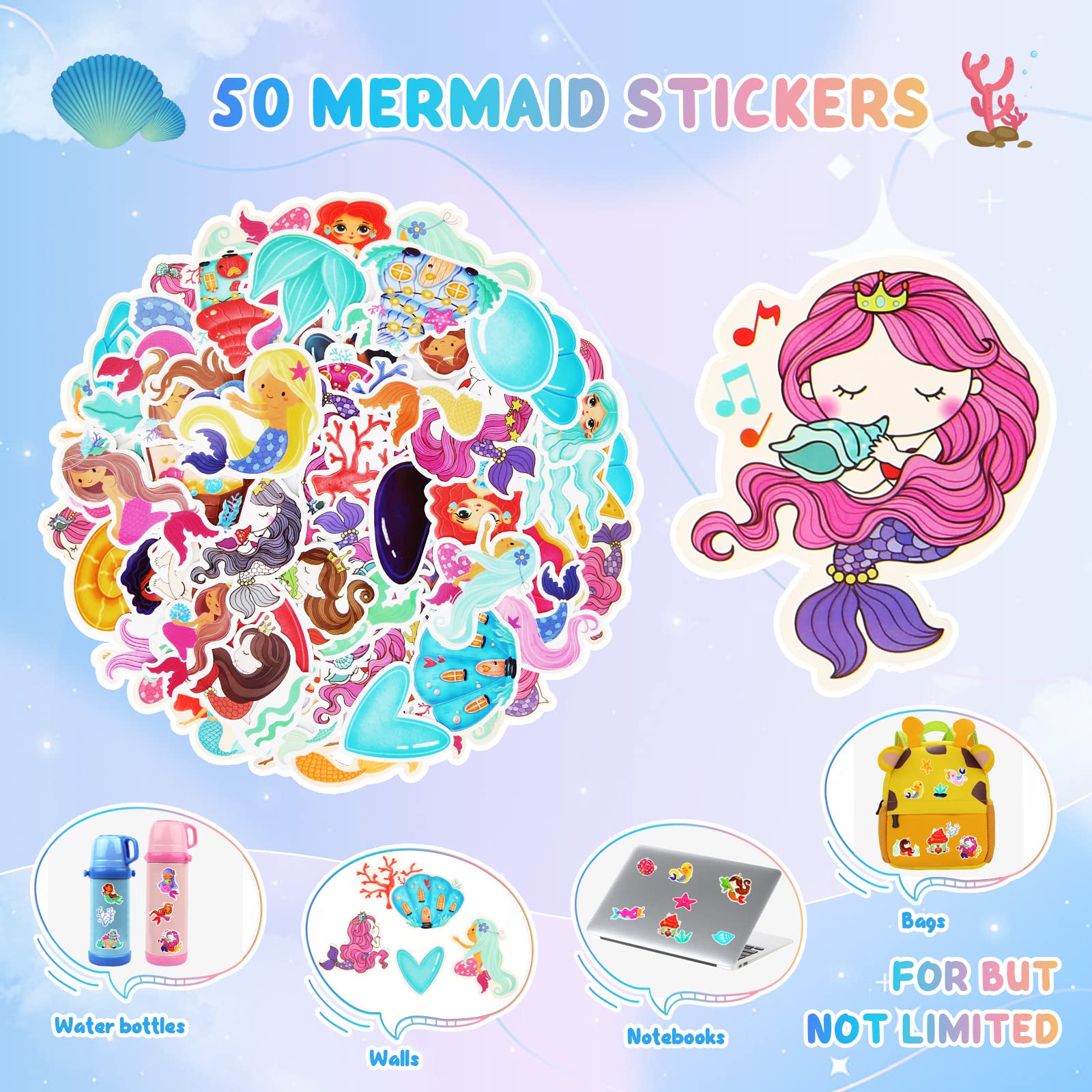 126 Pcs Mermaid Party Favors for Kids, Mermaid Themed Birthday Party Supplies Toys, Mermaid Goodie Bag Pinata Fillers Slap Bracelet Stickers Keychain Necklace Ring Puzzle Gifts for Classroom Prizes