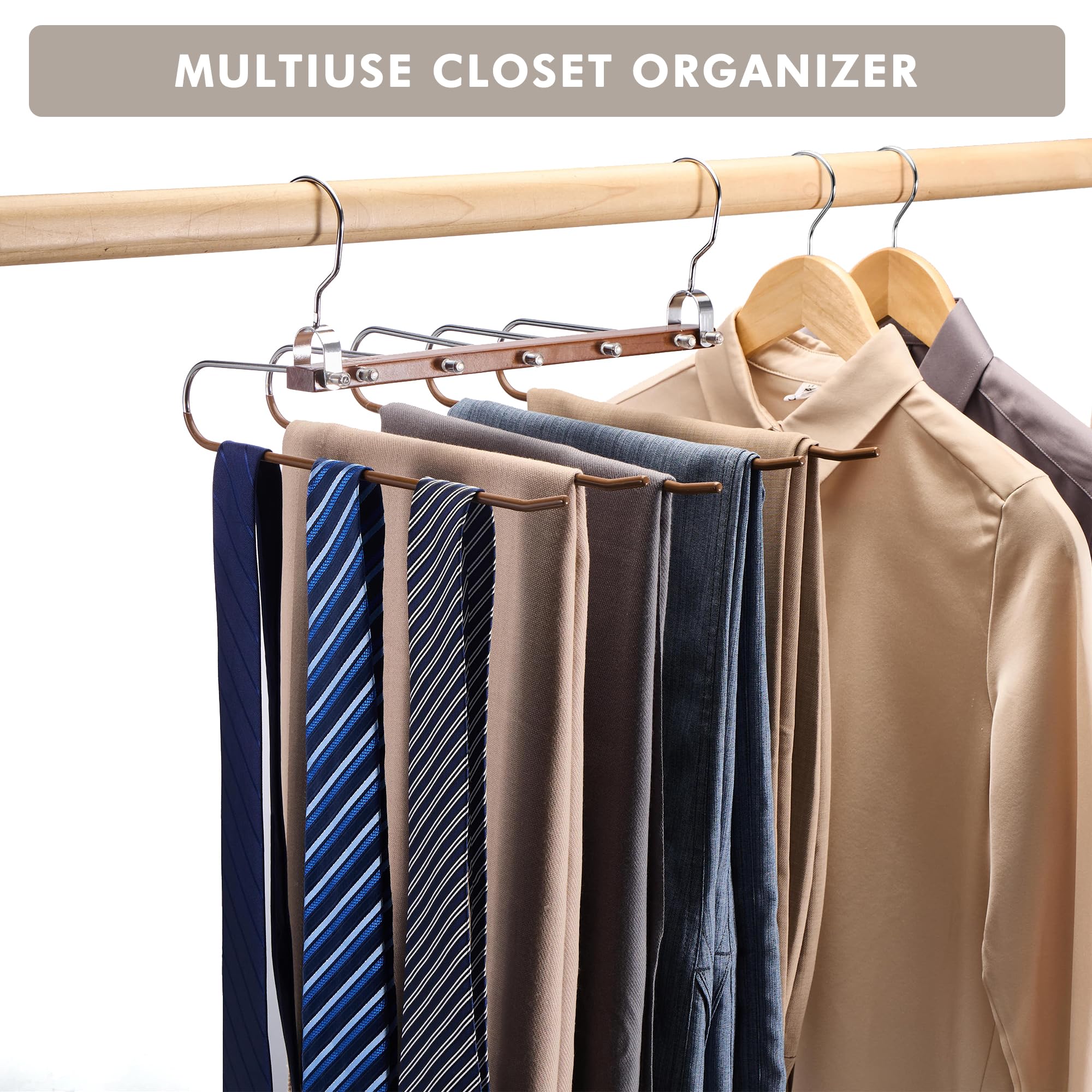 HOUSE DAY Pants Hangers Space Saving, Wood Jean Hangers for Closet, Non Slip Multi functional Pants Rack Hanger Multiuse Pant Organizer For Closet Space Saving Hangers for Pants, Scarfs (2PACK,Walnut)