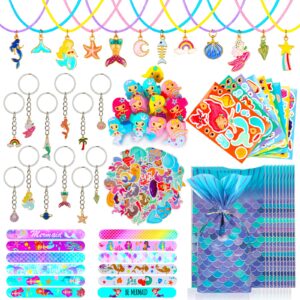 126 pcs mermaid party favors for kids, mermaid themed birthday party supplies toys, mermaid goodie bag pinata fillers slap bracelet stickers keychain necklace ring puzzle gifts for classroom prizes