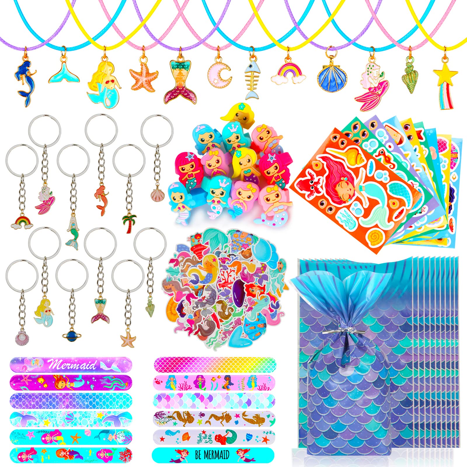 126 Pcs Mermaid Party Favors for Kids, Mermaid Themed Birthday Party Supplies Toys, Mermaid Goodie Bag Pinata Fillers Slap Bracelet Stickers Keychain Necklace Ring Puzzle Gifts for Classroom Prizes