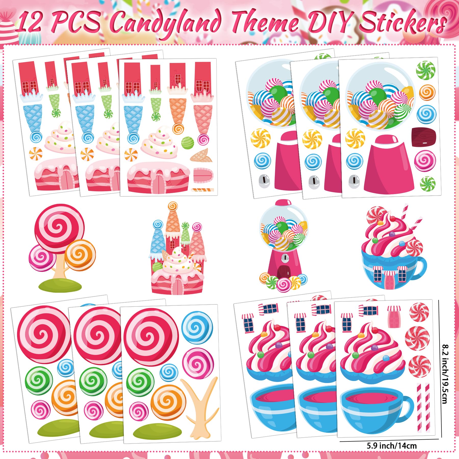 Erweicet Candyland Party Favors Sweet Lollipops Slap Bracelets DIY Stickers Temporary Tattoos Keychains Plastic Straws Gift Bags for Kids Girls Sweet Candy Theme Birthday Party Baby Shower