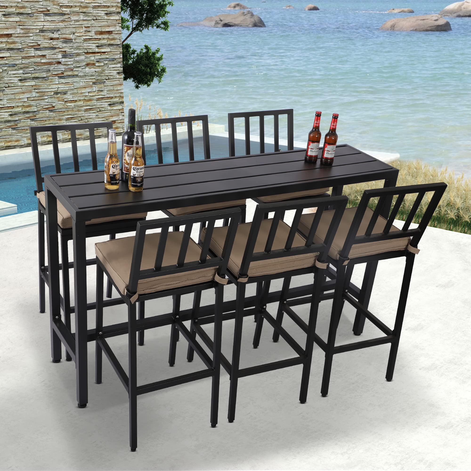 Sumshadow Outdoor Patio Bar Set, Bar Height Patio Dining Set, Weather-Resistant Bistro Counter Pub Set with Cushions & Slatted Tabletop for Backyard, Garden, Yard (63" Table, 6 "I Style Stool, Black)