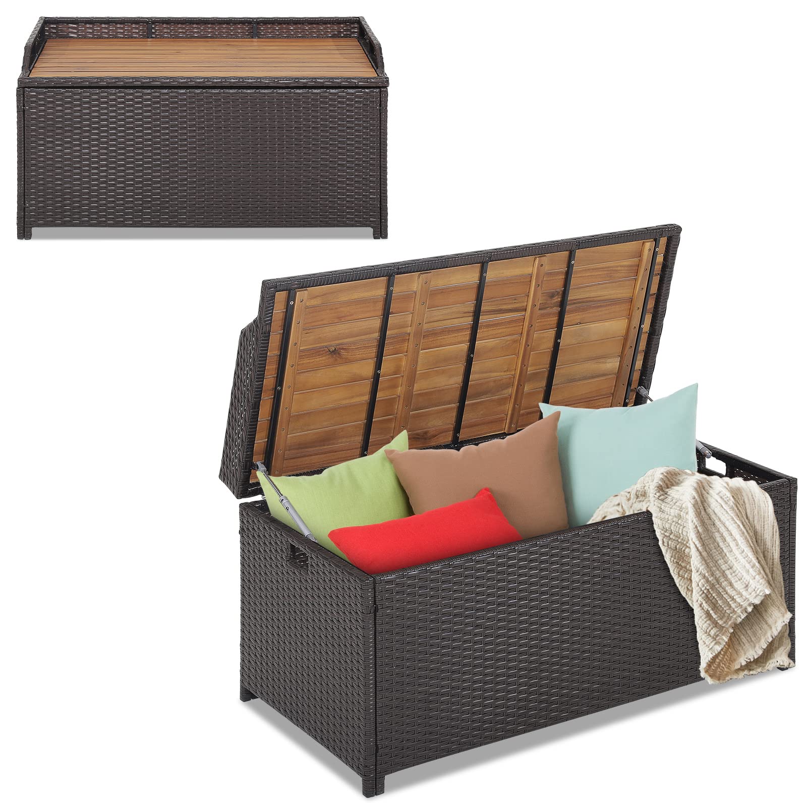 HAPPYGRILL Patio Storage Bench Rattan Wicker Deck Box with Acacia Wood Seat, Gas Strut, Zipper Liner, Handles, Outdoor Storage Container for Patio Furniture Cushions Pillows